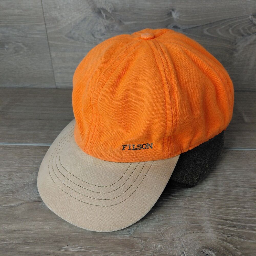 VTG Filson Tin Cloth Cap Hat XL Blaze Orange Wool Insulated Hunting Ear Flap USA